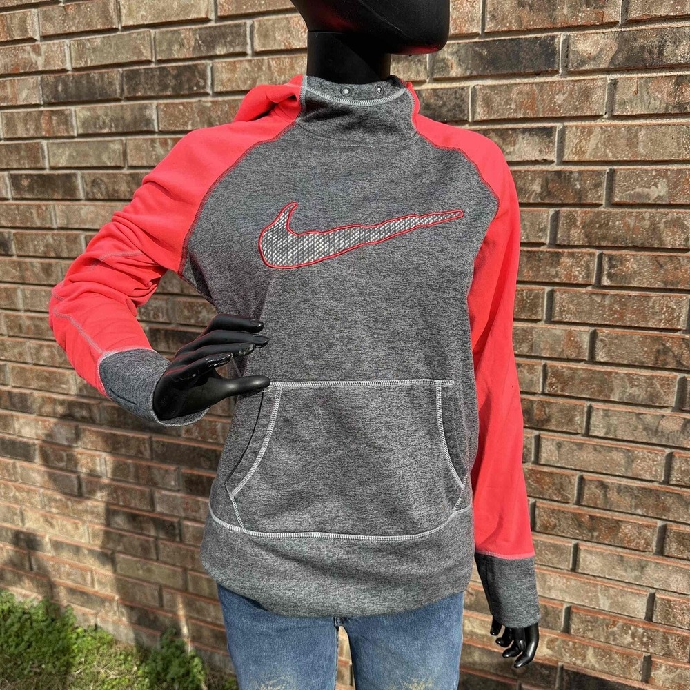 Nike Hoodie Womens M Pink Grey Pullover Athletic Therma Fit Raglan Sleeve Pocket